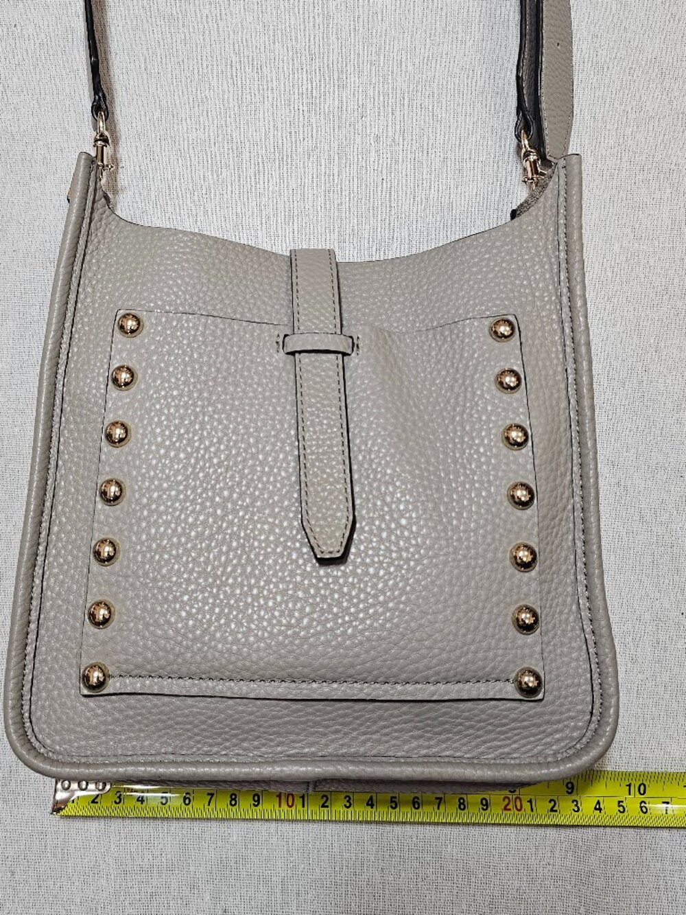 Taupe Gray Pebbled Leather Crossbody Bag w/ Gold Studs by Rebecca Minkoff - Picture 12 of 14